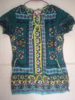 koi Teal Paisley Uniform Top with Lime Accents